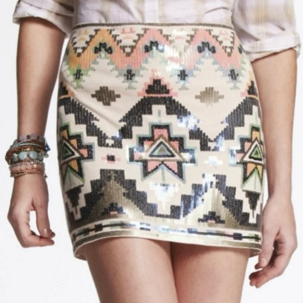 Express Sequin Aztec Printed Mini Skirt